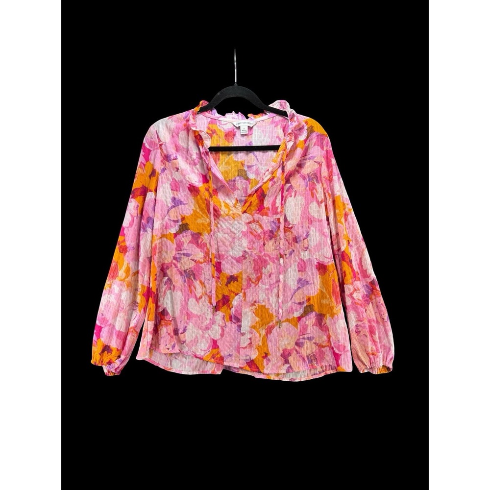 Counterparts XL Pink Floral Blouse Ruffle Neck Long Sleeve Textured Boho Top